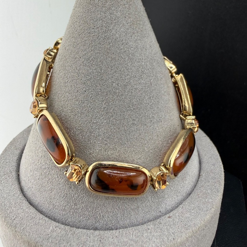 Vintage Monet Bracelet Gold Tone Brown Rootbeer Rhinestone 7"